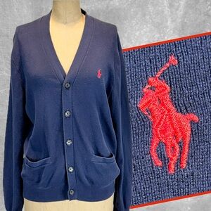 VINTAGE Ralph Lauren Polo 90s Pima cotton knit sweater cardigan button navy blue